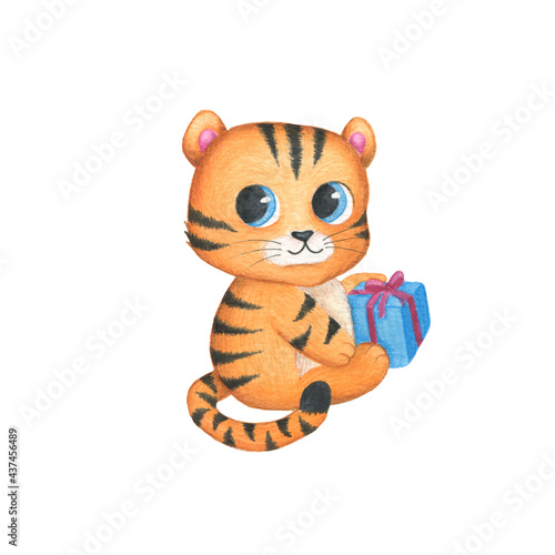 Watercolor clipart tiger cub with a gift. Hand draw illustration symbol 2022 year