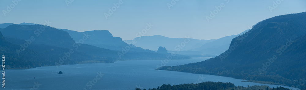 Panoramic landscape of the beautiful Columbia River Gorge, Oregon, on a tranquil morning