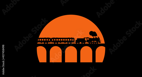 Retro train with steam locomotive. Black silhouette on the sunset background. Vector illustration