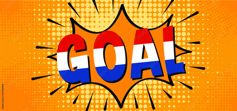 Slogan goal with football with flag of the Netherlands on green soccer grass field. Vector background banner. Sport finale wk, ek or school, sports game cup.  Holland or Dutch orange supporters. 2021 - obrazy, fototapety, plakaty 