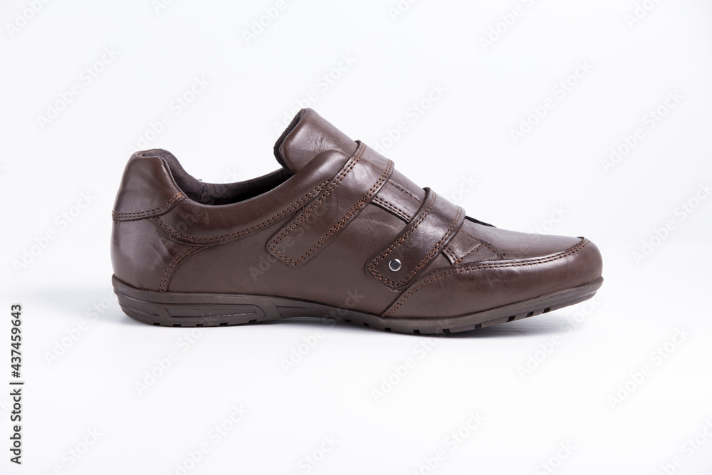 Male brown leather elegant shoe on white background, isolated product, comfortable footwear.