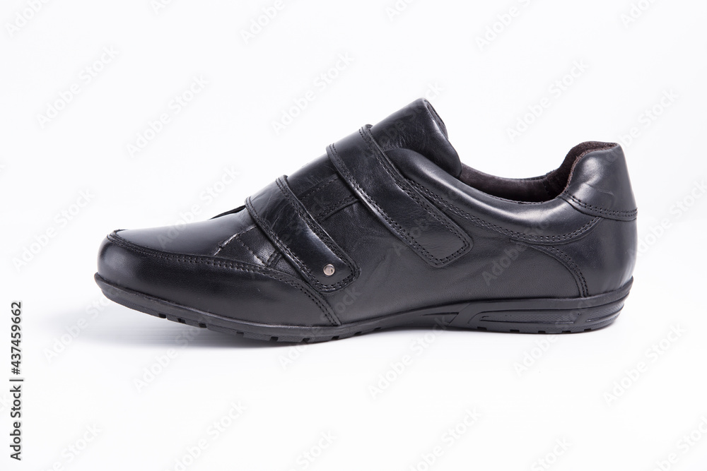 Male black leather elegant shoe on white background, isolated product, comfortable footwear. Male black leather elegant shoe on white background, isolated product, comfortable footwear.