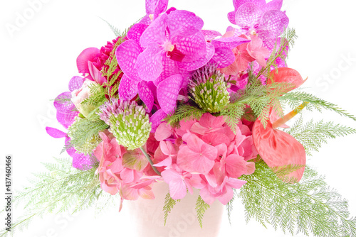 Flower arrangement on white background.  アジサイ、バンダ（翡翠蘭）、アリウム 、タバリアファーン、アンスリウム photo