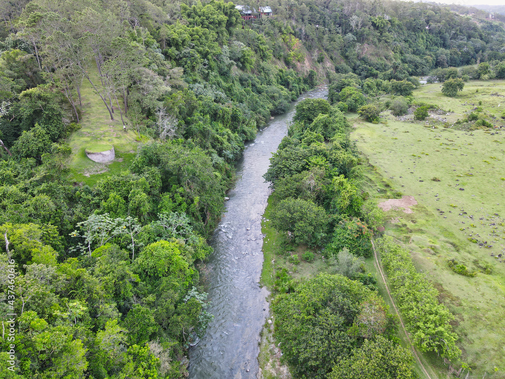 Rio Yaque del Norte aerial view from Jarabacoa, Dominican Republic with trees
