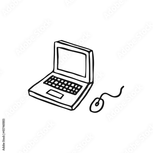 Hand-drawn Laptop. Laptop and wired mouse vector icon.