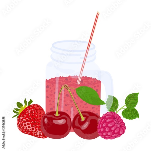 Summer natural juice from fruits and berries in a glass jar with a handle and a straw. Strawberry, raspberry and cherry cocktail isolated on white background.Organic vector food.Healthy liquid.