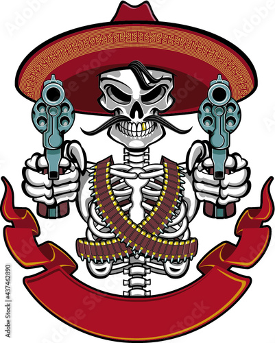 mexican skull with sombrero and guns