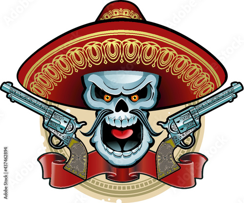mexican skull with sombrero and guns