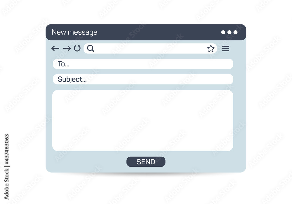 Email interface. Mail window template, internet message isolated frame, blank email UI design. Vector email window mockup illustration page. Email interface. Mail window template, internet message isolated frame, blank email UI design. Vector email window mockup illustration page.