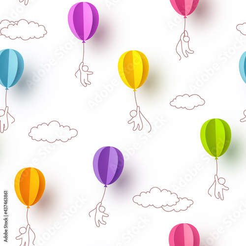 Balloons with kids flying on white cloudy sky background. Vector 3d colorful paper ballons seamless pattern for Happy children's day, birthday party or baby design