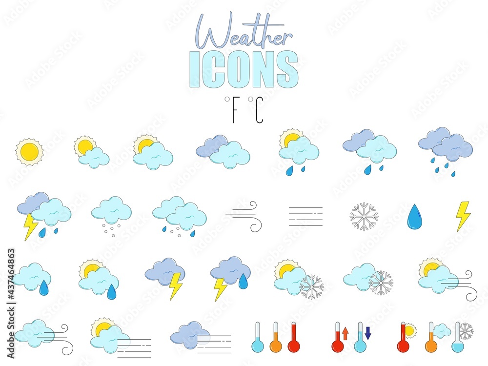 Vector illustration. Set of weather icons. Weather stickers Vector illustration. Set of weather icons. Weather stickers