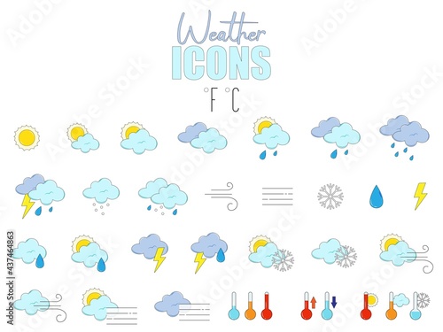 Vector illustration. Set of weather icons. Weather stickers