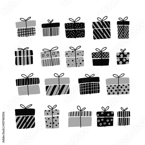 Gift boxes, presents vector icon set Monochrome Hand drawn doodle collection isolated on white. Sale Birthday Christmas