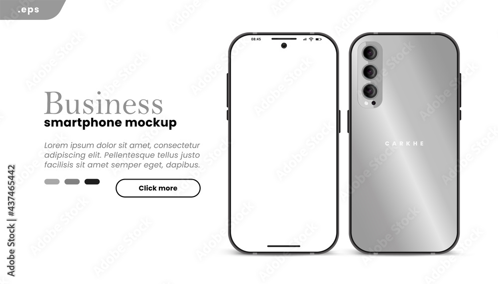 Fototapeta premium Grey Business Smartphone frame less blank screen. 3D phone illustration front and back. Mockup device. Template for infographics or presentation UI UX design interface.