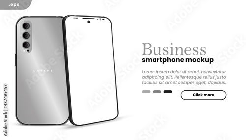 Grey Business Smartphone frame less blank screen. 3D phone illustration rotated position front and back. Mockup device. Perspective view. Template for infographics or presentation UI design interface.