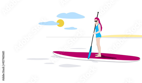 Woman standing on paddle board floating in the sea. Summer marine landscape concept. Minimal illustration for landing page or advertisement design 