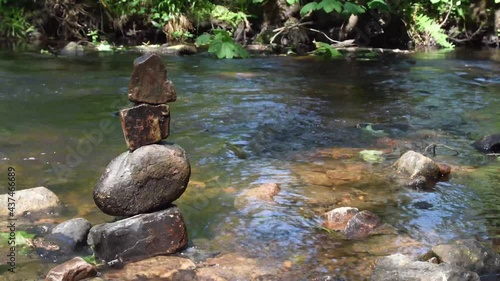 Video of balanced zen rocks at the river at Rivelin Valley near Sheffield in South Yorkshire. Select focus. 4K video footage of water flowing in river.