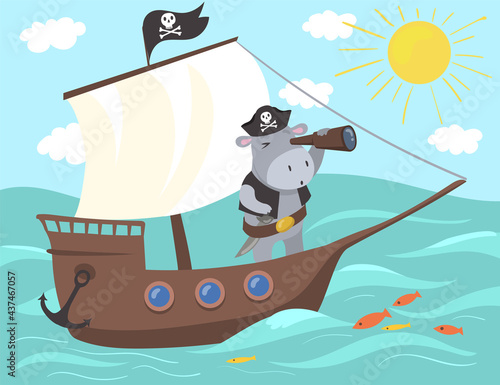 Pirate hippopotamus using binoculars illustration. Cute cartoon animal standing on ship looking ahead. Sun shining, sea still, fish swimming around. Travelling, childing, pirating concept