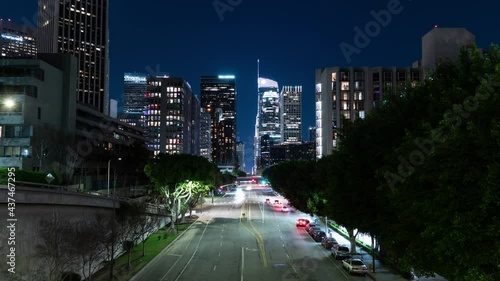 Los Angeles Downtown Cityscape Figueroa St Traffic Zoom Night Time Lapse California USA photo
