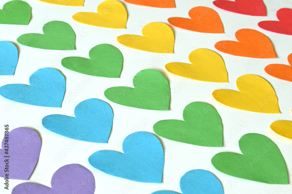 Close-up of gay pride flag color hearts pattern Close-up of gay pride flag color hearts pattern