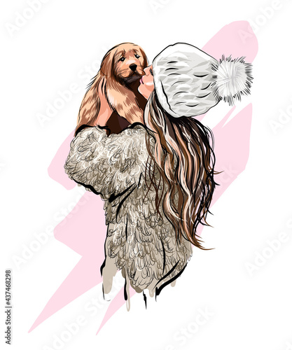 Beautiful young woman with dog, colored drawing, realistic. Vector illustration of paints