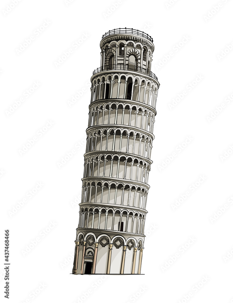 Leaning tower of pisa, colored drawing, realistic. Vector illustration of paints