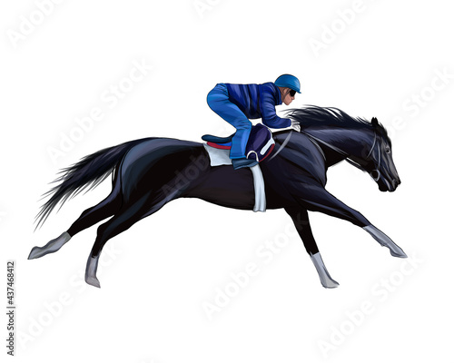 Horse racing with a jockey from splash of watercolors, colored drawing, realistic, Horseback riding. Vector illustration of paints
