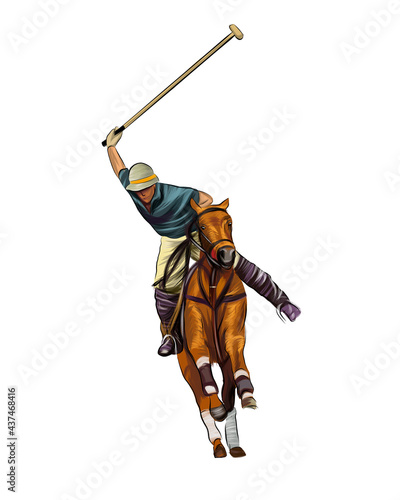 Equestrian polo with a jockey from splash of watercolors, colored drawing, realistic, Horseback riding. Vector illustration of paints
