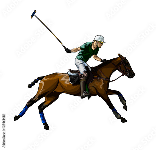 Equestrian polo with a jockey from splash of watercolors, colored drawing, realistic, Horseback riding. Vector illustration of paints