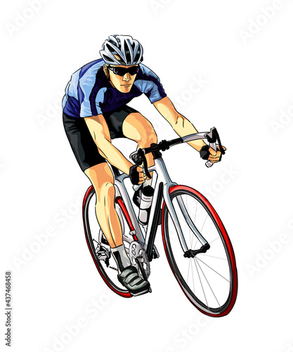 Fototapeta Naklejka Na Ścianę i Meble -  Abstract cyclist on a race track from splash of watercolors, colored drawing, realistic, athlete on a bike. Vector illustration of paints