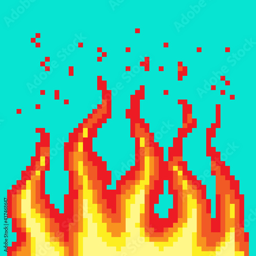 Pixel fire. Art 8 bit fire objects. Game icons set. Comic boom flame effects. Bang burst explode flash dynamite with smoke. Digital icons.
