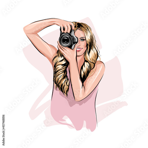 Beautiful young woman photographer taking pictures, colored drawing, realistic. Vector illustration of paints