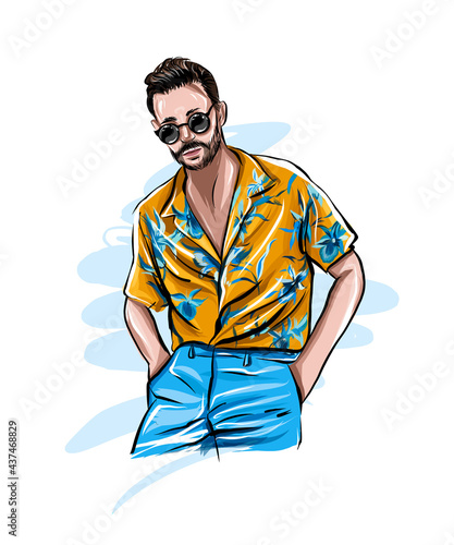 Stylish handsome man in fashion clothes, man in hawaiian shirt, colored drawing, realistic. Vector illustration of paints