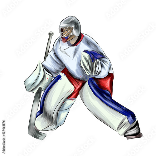 Abstract hockey goalkeeper from splash of watercolors, colored drawing, realistic. Winter sport. Vector illustration of paints