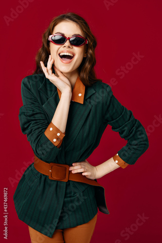 cheerful brunette wearing sunglasses fashion suit modern style isolated background