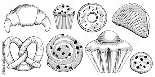 Ensemble de dessins de pâtisseries noires et blanches vendu en boulangerie, croissant, bretzel, brioche, chausson aux pommes, cookie, donut, muffin, pain aux raisins.