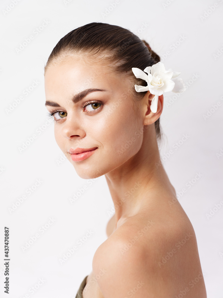 woman with bare shoulders attractive look white flower isolated background woman with bare shoulders attractive look white flower isolated background