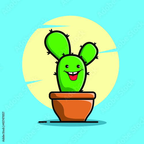 Vector cartoon illustrations of green cactus with happy and listening to music emotions. Funny emotions character collection for kids. Fantasy characters. 