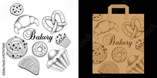 Ensemble de dessins de pâtisseries pour décorer les emballages d’une boulangerie, croissant, bretzel, brioche, chausson aux pommes, cookie, donut, muffin, pain aux raisins.