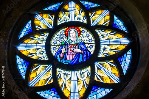 Borovnicka, Czech republic - May 15, 2021. Detail of vitrage window in Church Of The Divine Heart Of The Lord