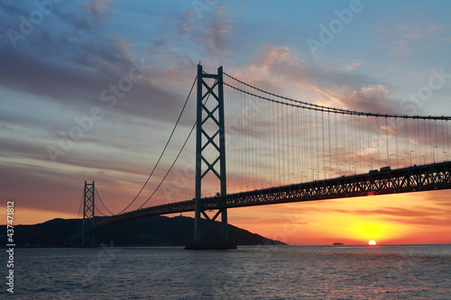 bridge, Akashi Kaikyo 夕暮れの明石海峡大橋