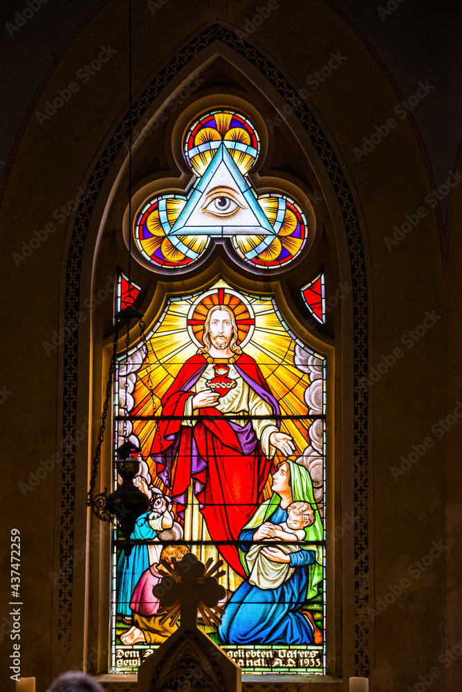 Borovnicka, Czech republic - May 15, 2021. Detail of vitrage window in Church Of The Divine Heart Of The Lord