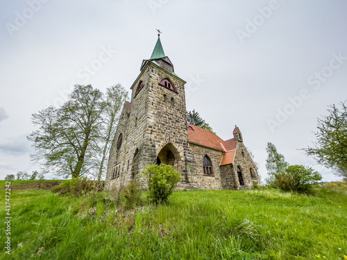 Neo gotic Church Of The Divine Heart Of The Lord in small village Borovnicka in Podkrkonosi region in Czech republic