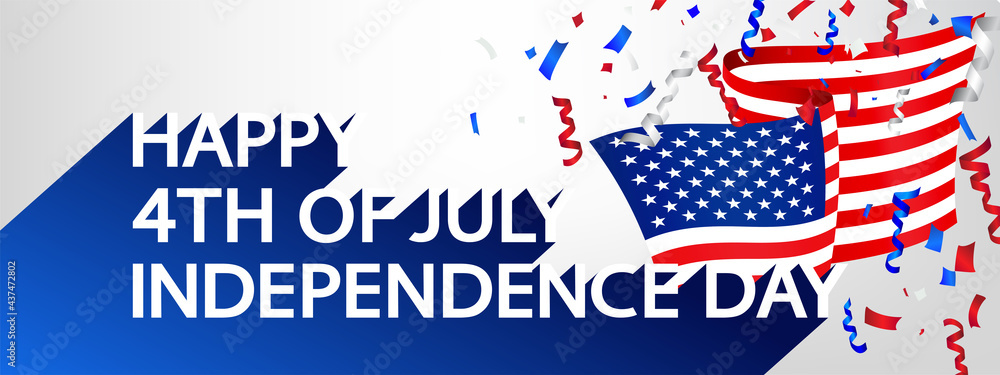 Happy Independence Day 4th of July (Fourth of July) greeting card, poster. American flag, confetti and text with long shadows.