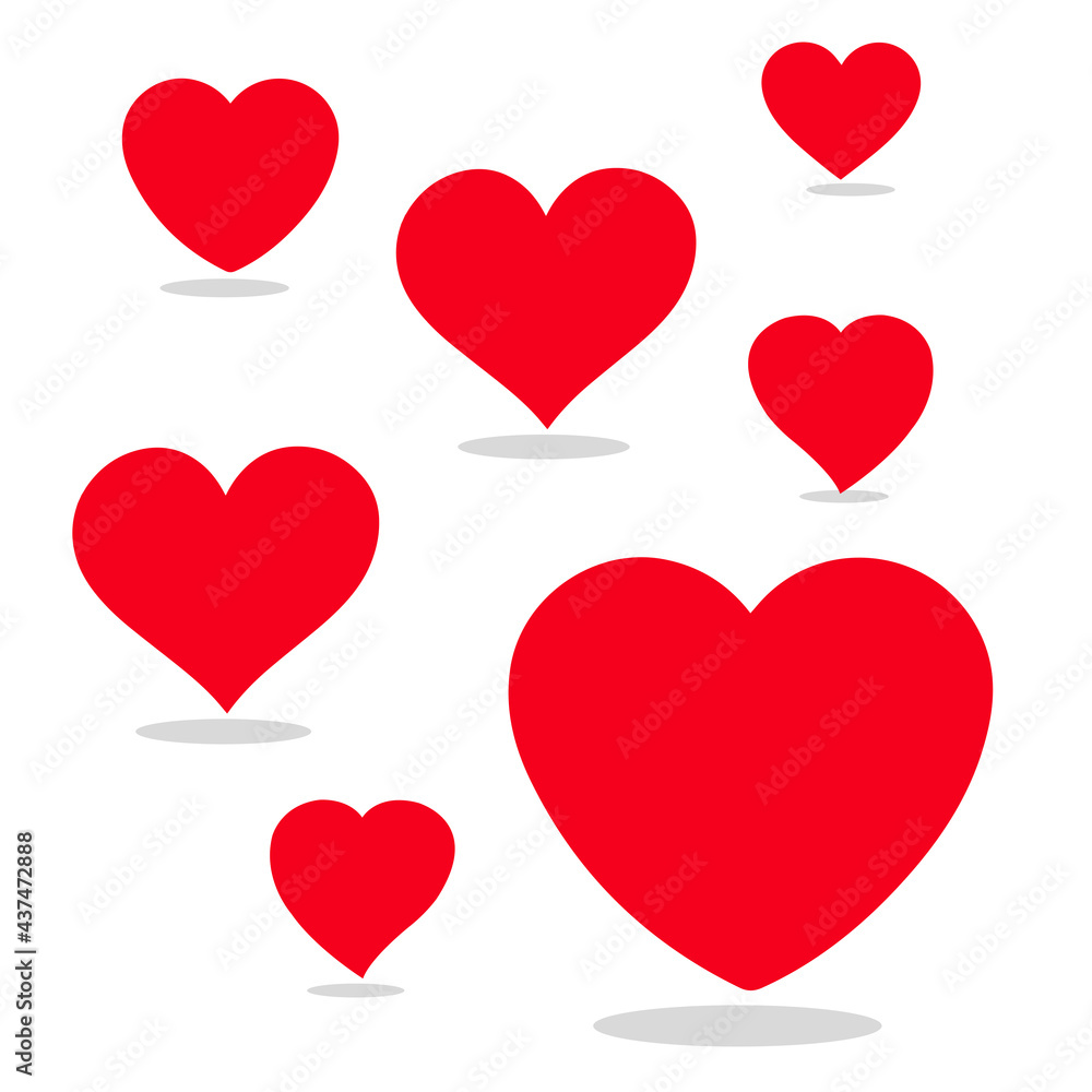 Heart icon in 7 types. Heart illustration.
Red heart Icon ,shadow, on white background. 
Set of love symbol for web site logo, 
Vector illustration flat style