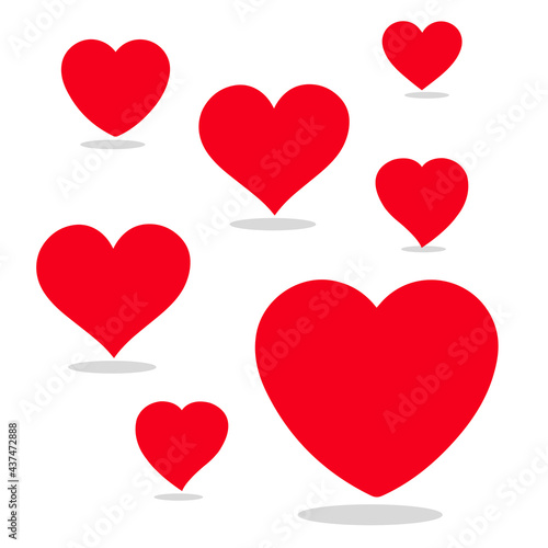 Heart icon in 7 types. Heart illustration. Red heart Icon ,shadow, on white background. Set of love symbol for web site logo, Vector illustration flat style