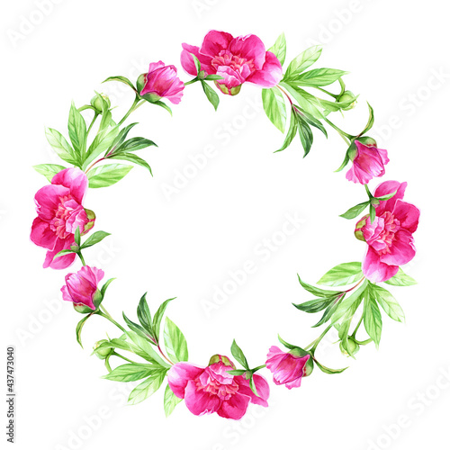 Fototapeta Naklejka Na Ścianę i Meble -  Watercolor round frame from pink peonies, leaves, buds and twigs. Wreath of bright summer flowers for invitation, menu, greeting cards