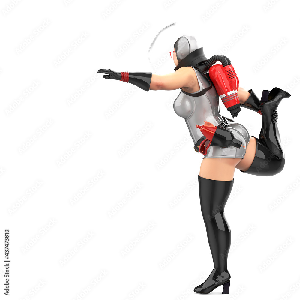 astronaut pinup girl is stretching rear view with space copy astronaut pinup girl is stretching rear view with space copy