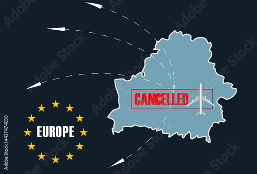 Cancellation of flights in Europien Union for Belarus due to international scandal with airlines. Sanctions in response to Lukashenka's terrorism. Banner for article in magazines, newspapers Vector
