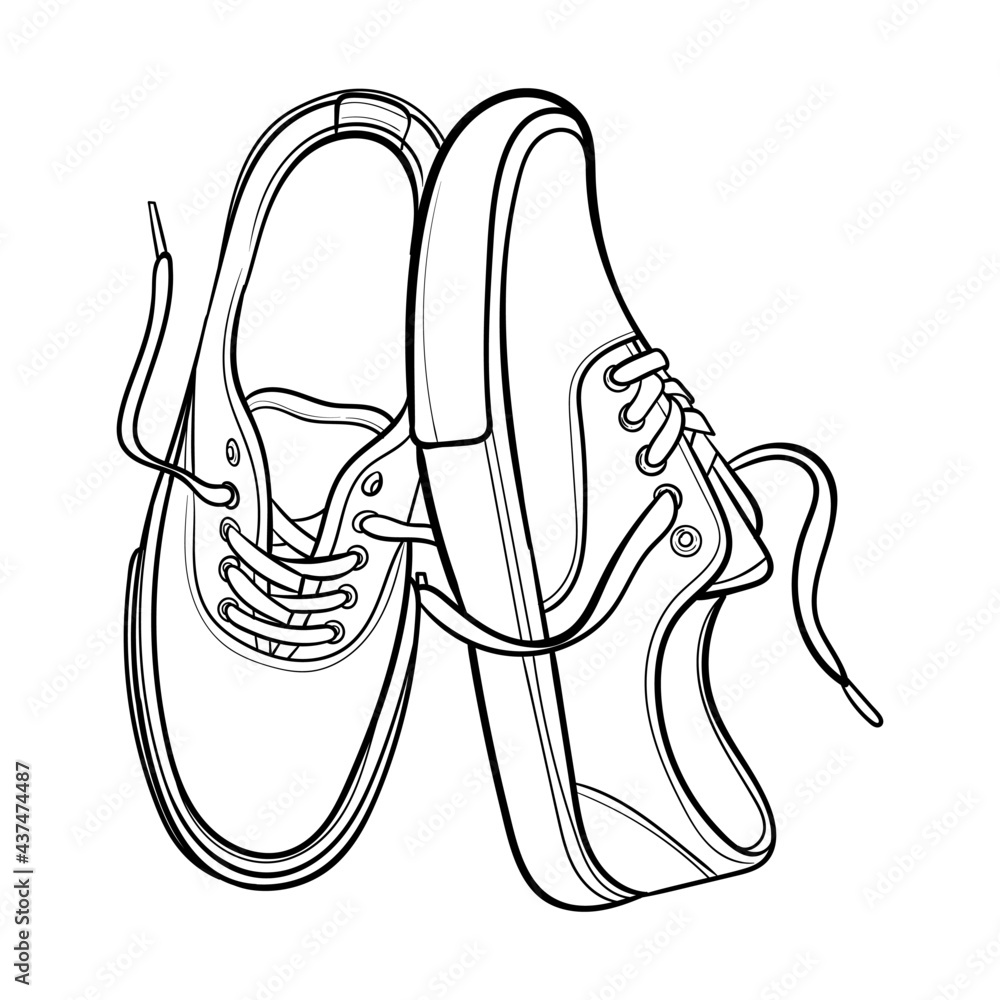 Shoe Line Drawing. Shoe sneaker outline drawing vector, black line sneaker. vector Illustration. - obrazy, fototapety, plakaty 